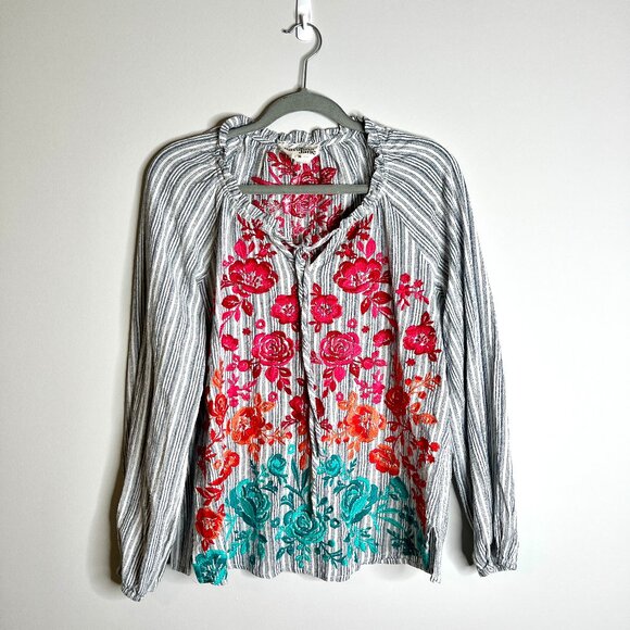 Savanna Jane Floral Colorful Embroidered Boho Long Sleeve Peasant Bohemian Top M - Picture 1 of 4